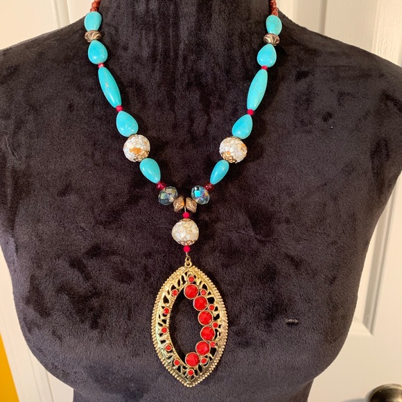 Necklace Turquoise and Red Statement Piece - Picture 8 of 8
